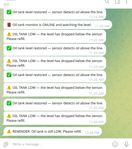 Telegram alert messages from the oil tank monitor